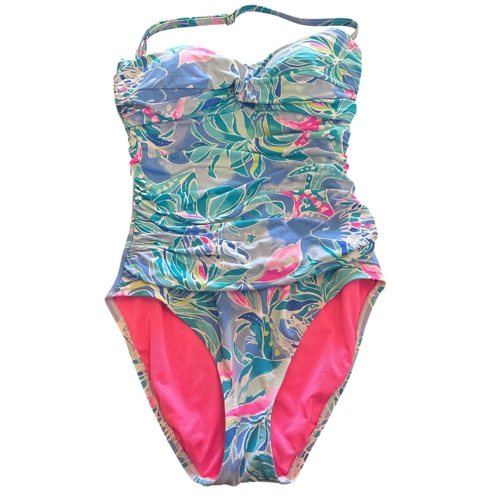 Lilly Pulitzer Womens Starfish Floral Ruched One Piece Swimsuit Blue Pink Size 6